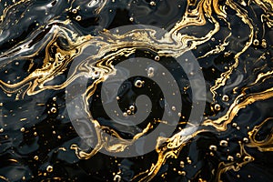 Black liquid texture background, dark waves of oil and gold shine, abstract luxury marble effect. Concept of paint pattern,
