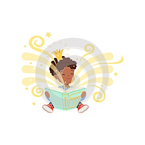 Black little boy sitting on floor and reading magic book with fantasy stories. Cartoon kid character with golden crown