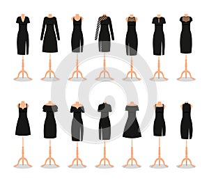 Black little dress on mannequins. Women clothes. Vector illustration