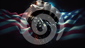 black lives matter BLM hand, BLM fist, background with USA flag. Generative AI