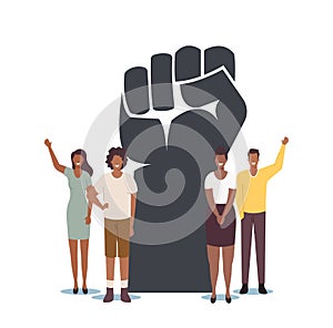 Black Lives Matter, Blm. Tiny Black Characters around of Huge Raised Hand. Equality Campaign Against Discrimination