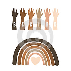 Black Lives Matter Illustration with raising hands and rainbow equality symbol.