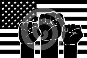 Black Lives Matter. Strong fist raised up the background of the American flag. Concept black and white illustration protest