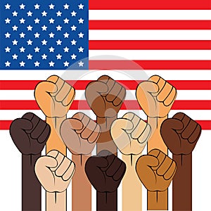 Black Lives Matter. Strong fist raised up the background of the American flag. Concept colourful illustration protest against