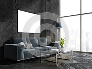 Black living room interior with sofa and coffee table near window, mockup poster