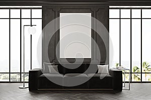 Black living room, poster, and sofa