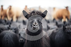 black llama amongst lighter herd