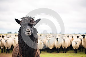 black llama with white sheep flock