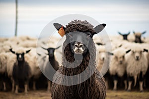 black llama with white sheep flock