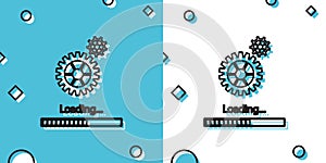 Black Loading and gear icon isolated on blue and white background. Progress bar icon. System software update. Loading
