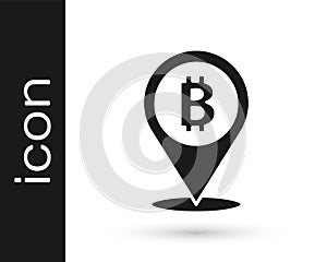 Black Location bitcoin icon isolated on white background. Physical bit coin. Blockchain based secure crypto currency