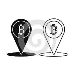 Black Location bitcoin icon isolated on white background. Physical bit coin. Blockchain based secure crypto currency
