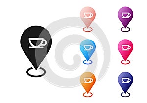 Black Location with coffee cup icon isolated on white background. Set icons colorful. Vector