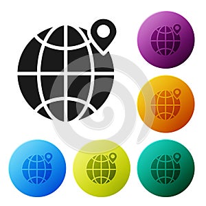Black Location on the globe icon isolated on white background. World or Earth sign. Set icons in color circle buttons