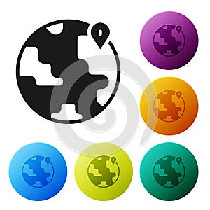 Black Location on the globe icon isolated on white background. World or Earth sign. Set icons in color circle buttons