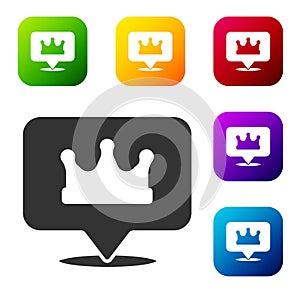 Black Location king crown icon isolated on white background. Set icons in color square buttons. Vector