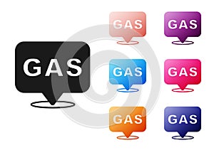 Black Location and petrol or gas station icon isolated on white background. Car fuel symbol. Gasoline pump. Set icons