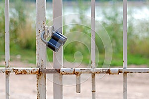 The black lock on gate with a lock against a green grass and the road