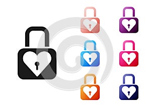 Black Lock and heart icon isolated on white background. Locked Heart. Love symbol and keyhole sign. Valentines day