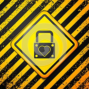 Black Lock and heart icon isolated on yellow background. Locked Heart. Love symbol and keyhole sign. Valentines day