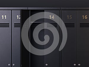 Black lockers with one opened. 3d rendering