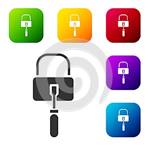 Black Lockpicks or lock picks for lock picking icon isolated on white background. Set icons in color square buttons