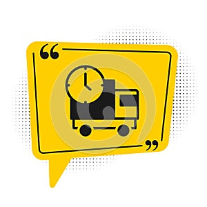 Black Logistics delivery truck and time icon isolated on white background. Delivery time icon. Yellow speech bubble