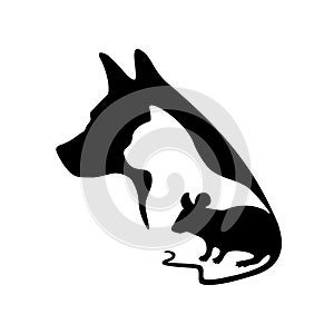 Black logo for veterinary clinic and pet shop. Vector dog, cat and mouse silhouette on a white background.