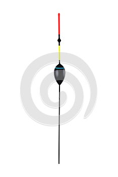 Black long drop-shaped float with a red fishing antenna with fishing rod, fishing accessories white background