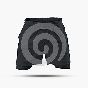 Black loose sport shorts mockup with compression line, 3D rendering, isolated on background, front view