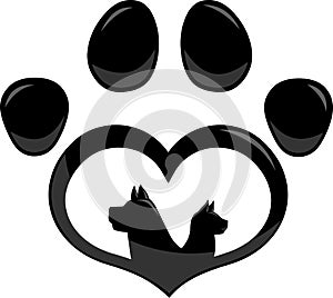 Black Love Paw Print Logo With Dog And Cat Silhouette Flat Design