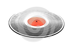 Black LP record with red label isolated on white closeup photo