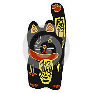 Black lucky cat with gold japanese word mean lucky and happiness