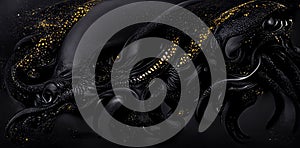 Black Luxury Background with golden glitters, sparkles, waves. Wallpaper for advertising, Christmas, Black Friday