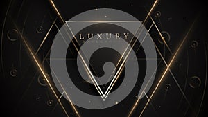 Black luxury background with triangle frame and golden line decoration with glitter light effect elements