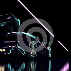 Black Luxury Futuristic Sports Car Drives on Glossy Black Road in Neon Light.