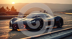 Black luxury sport car on high speed riding highway road track leaving vivid bloory light lines behind.Macro.AI Generative