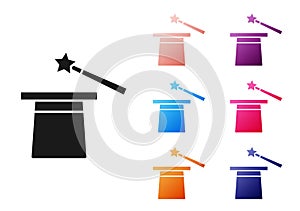 Black Magic hat and wand icon isolated on white background. Magic trick. Mystery entertainment concept. Set icons