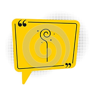 Black Magic staff icon isolated on white background. Magic wand, scepter, stick, rod. Yellow speech bubble symbol