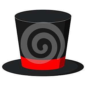 Black magician cylinder hat with red ribbon isolated on white background.