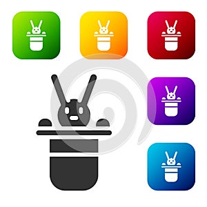 Black Magician hat and rabbit icon isolated on white background. Magic trick. Mystery entertainment concept. Set icons