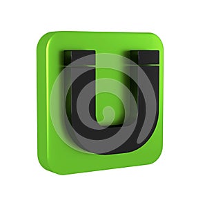 Black Magnet icon isolated on transparent background. Horseshoe magnet, magnetism, magnetize, attraction. Green square