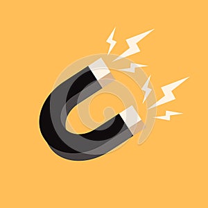 Black Magnet with lightning icon isolated on yellow background. Horseshoe magnet, magnetism, magnetize, attraction sign