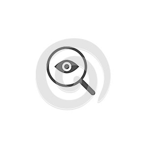 Black Magnifier with eye isolated on white. Magnifying glass icon