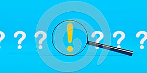 Black magnifier or magnifying glass with question mark on yellow background surrounded by question marks, search, question answer