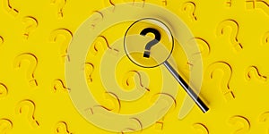 Black magnifier or magnifying glass with question mark on yellow background surrounded by question marks, search, question answer