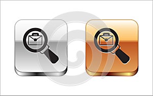 Black Magnifying glass with briefcase icon isolated on white background. Job hunting icon. Work search concept