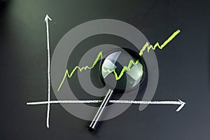 Black magnifying glass on chalk drawing green line stock or company performance graph and chart on blackboard using as financial