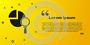 Black Magnifying glass and data analysis icon isolated on yellow background. Vector