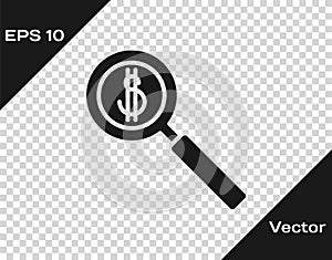 Black Magnifying glass and dollar symbol icon isolated on transparent background. Find money. Looking for money. Vector